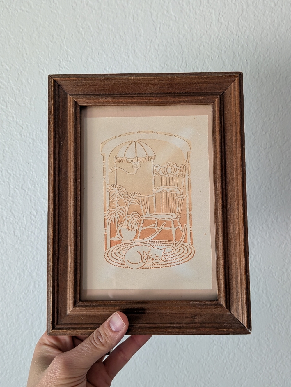 Vintage Scherenschnitte Paper Cut Framed Wall Art Snoozing Cat on Rug 8.5"x6.5"
